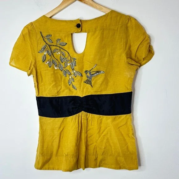 Floreat Embroidered Bird Branch Yellow Black‎ Wrap Waist Top Size 6 - Picture 7 of 11